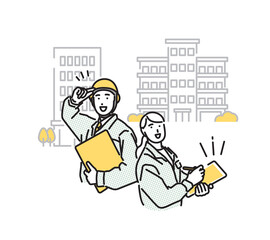 シンプル　イラスト　マンションの施工管理をする作業着の男女