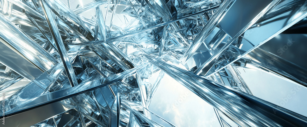 Poster close-up of intricate, shiny blue metallic structures creating dynamic patterns, symbolizing technol