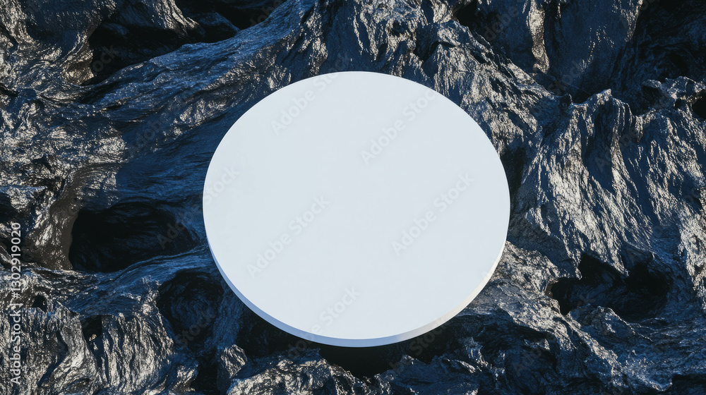 Poster minimalist white circular podium on dark textured surface for product display