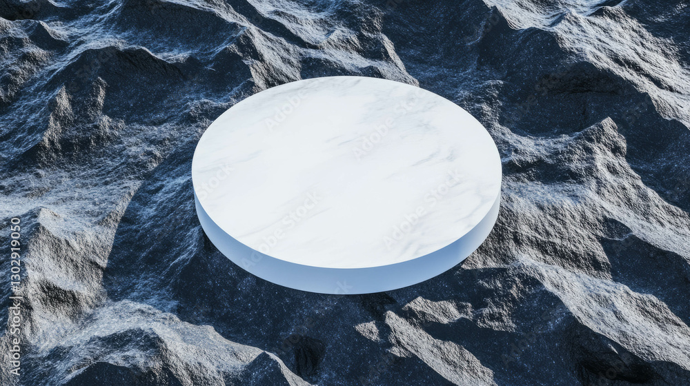 Poster Minimalist white circular podium on rough textured surface for design and presentation concepts
