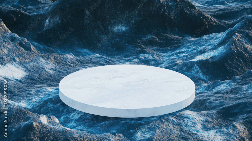 Poster minimalist white circular podium on abstract surreal oceanic surface for modern display concepts
