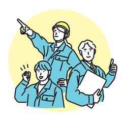 シンプル　イラスト　チームワーク抜群の笑顔の作業着の男女