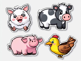 Obraz premium Colorful cartoon farm animals including a sheep, cow, pig, and chicken on a light background