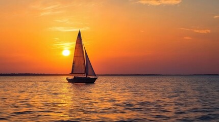 A single sailboat gliding across calm waters with the sun setting in the background