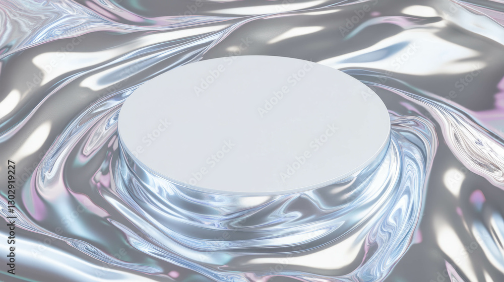 Poster minimal white circular podium on iridescent surface for modern display purposes