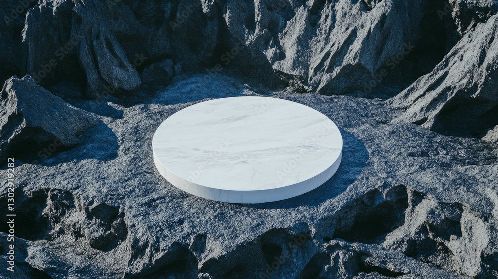 Poster elevated white circular podium on jagged rocky surface for minimalist design concepts
