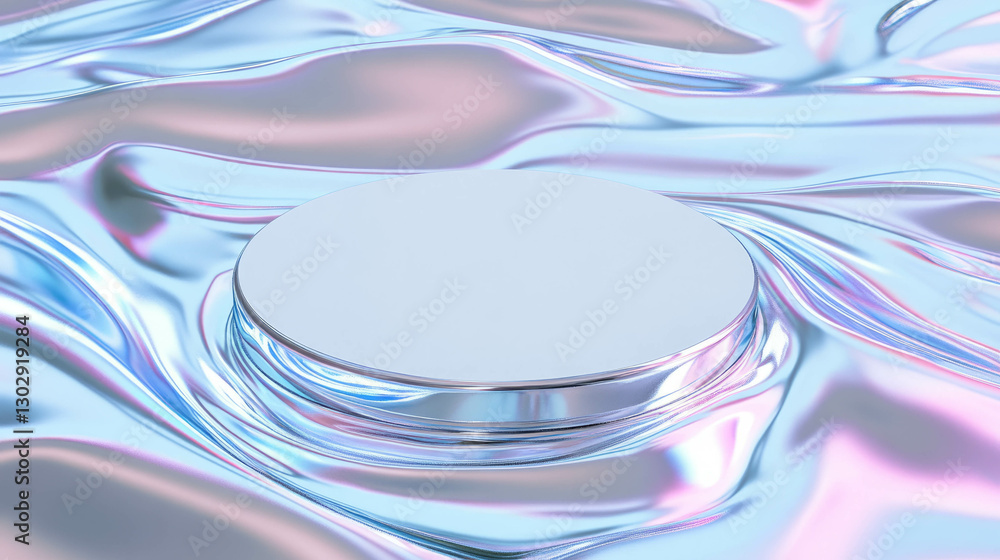Poster Modern minimalist white circular podium on iridescent surface for design and display concepts