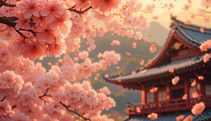 Blooming cherry blossoms with traditional Japanese pagoda at sunset
