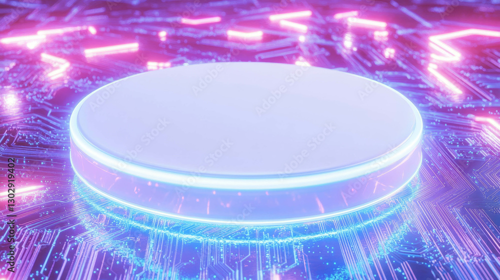 Poster Futuristic neon display with white circular podium on digital circuit background for modern design concepts