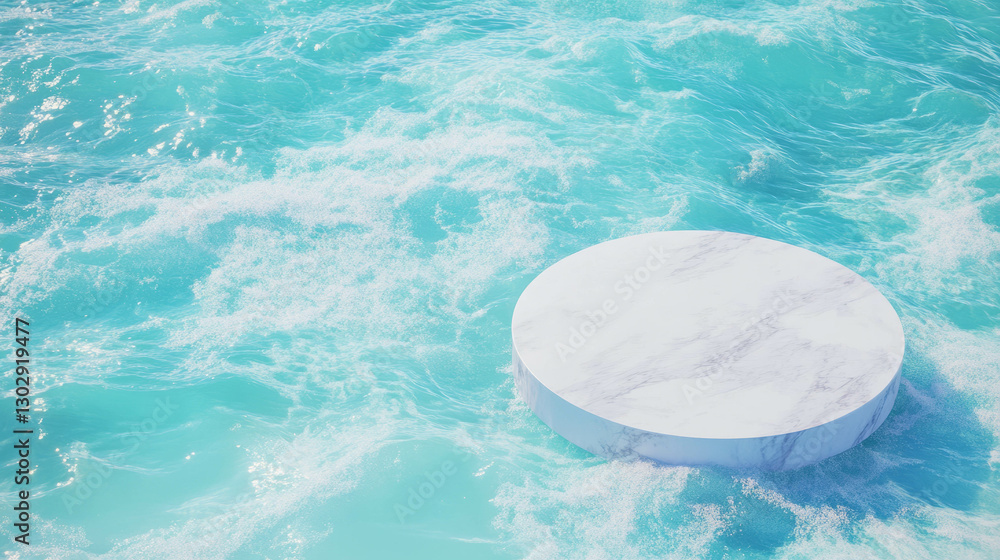 Poster idyllic scene of white circular podium surrounded by ocean waves for design and display concepts