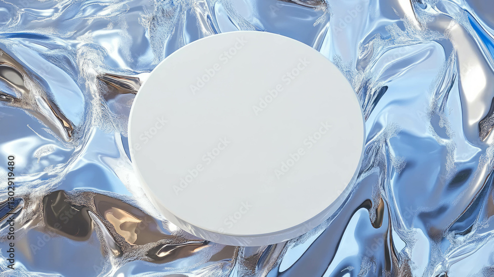 Poster minimalist elegant design featuring white circular podium on shiny silver surface for modern display
