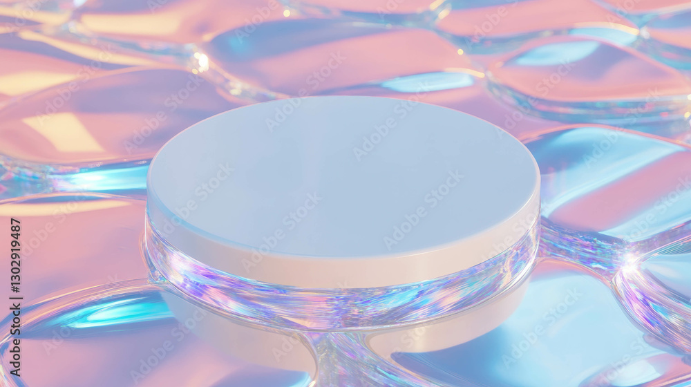 Poster minimalistic white circular podium on reflective surface in abstract pastel colors