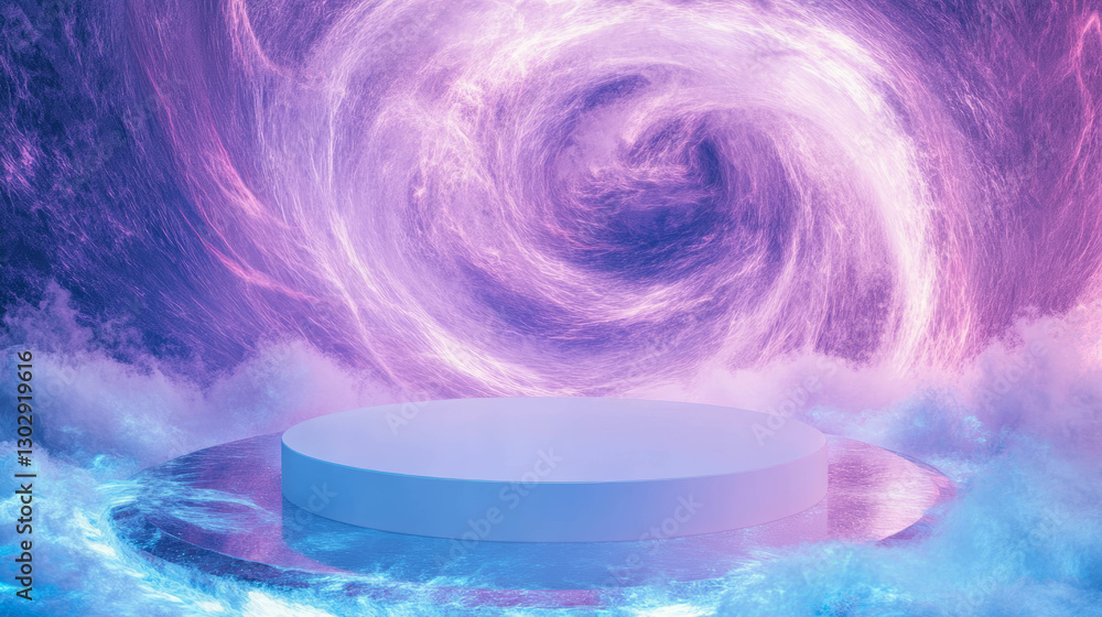 Poster mystical purple swirl and white podium for display or presentation design
