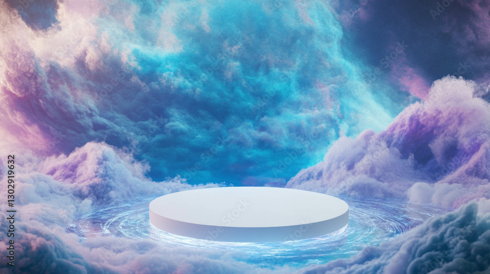 Aufkleber surreal cloudscape with white circular podium for design background