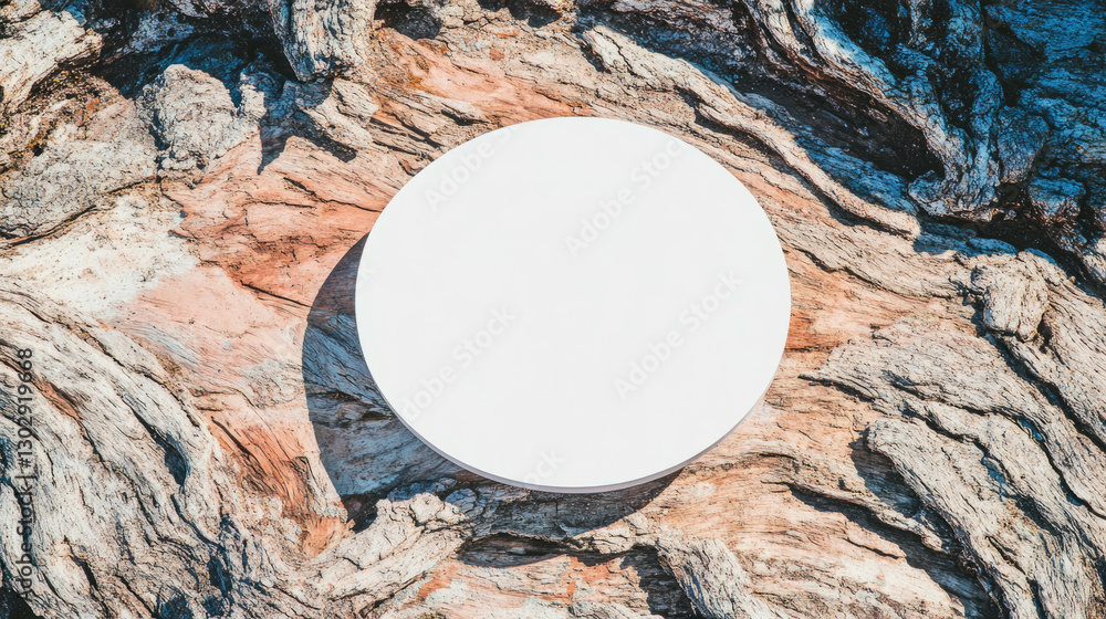 Poster minimalist white circular podium on rustic wood surface for design display