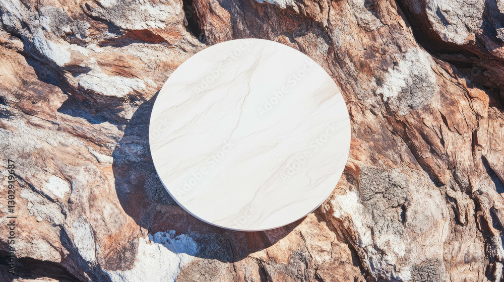Poster minimalist white circular podium on rock surface for product display or presentation
