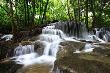 Beautiful nature of Huai Mae Khamin Waterfall or Huay Mae Khamin Waterfall in Sri Nakarin Dam National Park, Kanchanaburi province, Thailand 