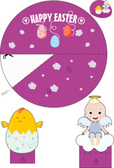 3D Easter card. Vector card for creativity on the theme of Easter with an angel and a chicken. This card can be cut out and glued with children or loved ones.