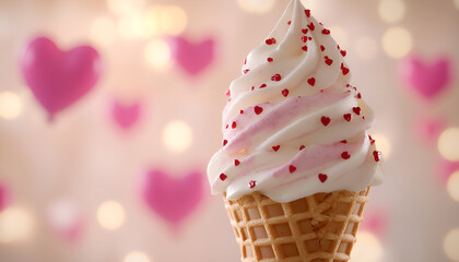 Whimsical ice cream cone surrounded by heart-shaped bokeh in soft light