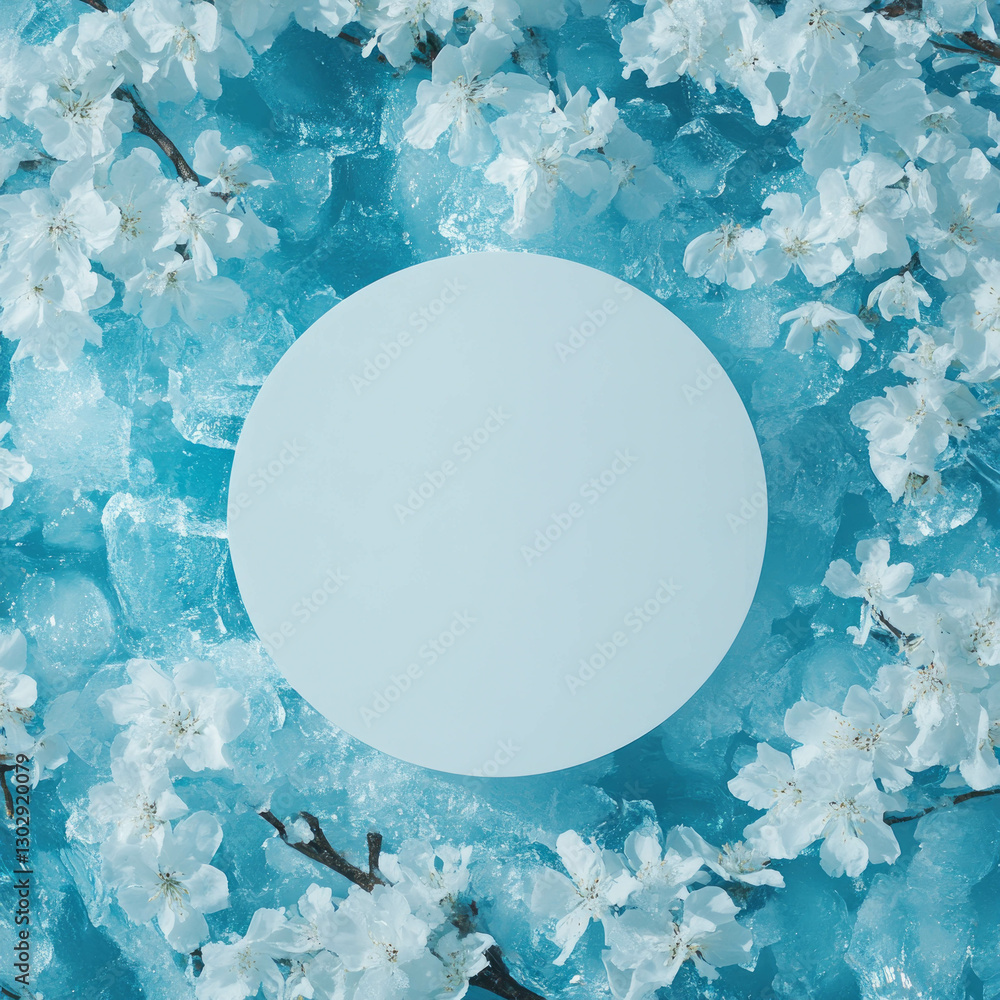 Poster minimalist white circular podium with floral and ice background for design and display