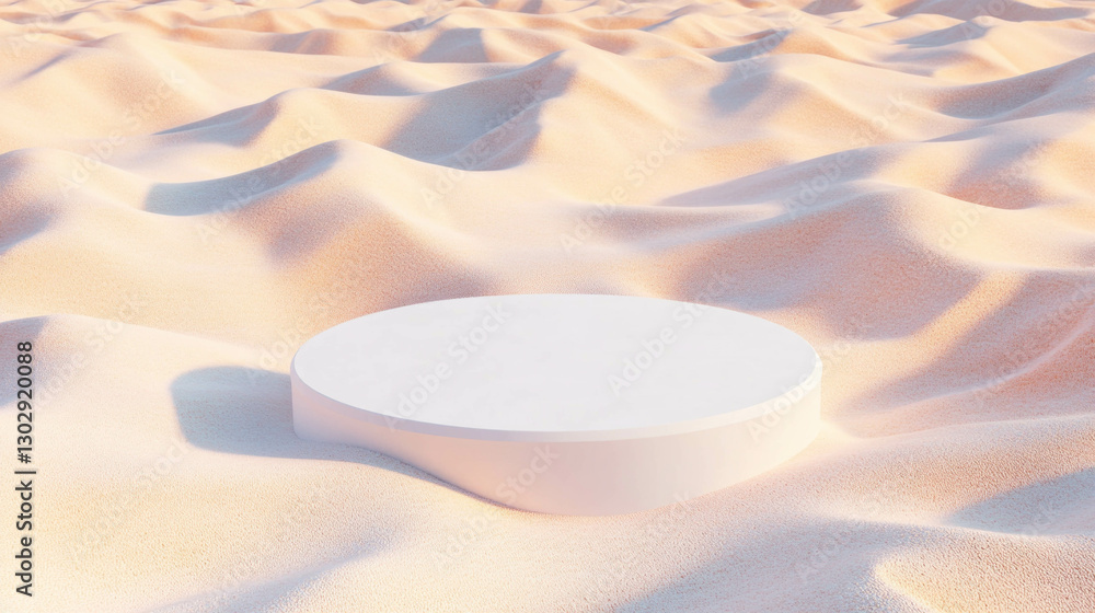 Poster minimalist white circular podium on sandy dunes for product display and presentation
