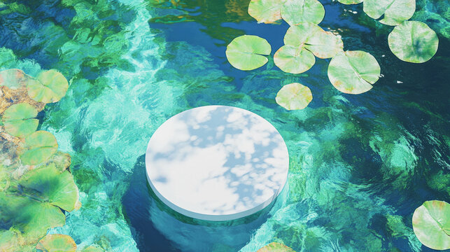 White circular podium surrounded by lush green lily pads in tranquil water setting