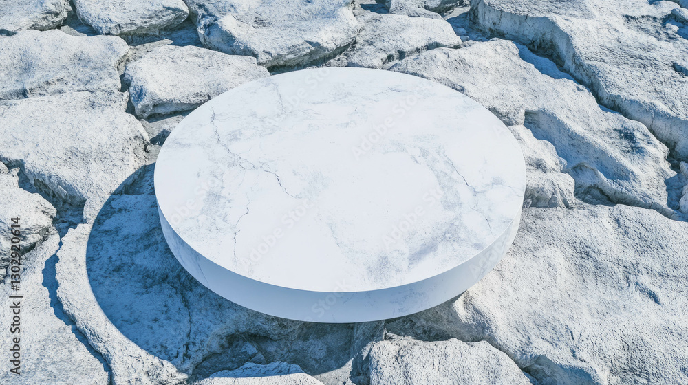 Poster minimalist white circular podium on textured stone surface for modern display design