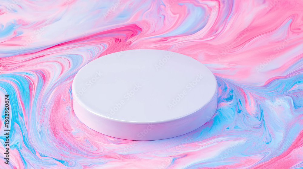 Poster abstract background with white circular podium on colorful marbled surface for product display