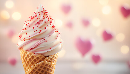 Whimsical ice cream cone surrounded by heart-shaped bokeh in soft light