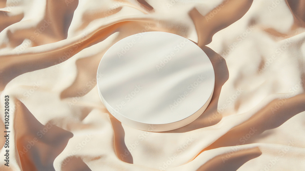 Poster minimalist white circular podium on cream fabric for elegant product display