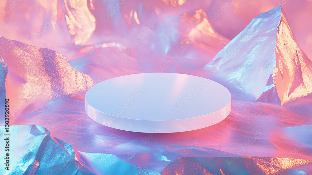 Poster futuristic display podium on iridescent metallic background for product showcase