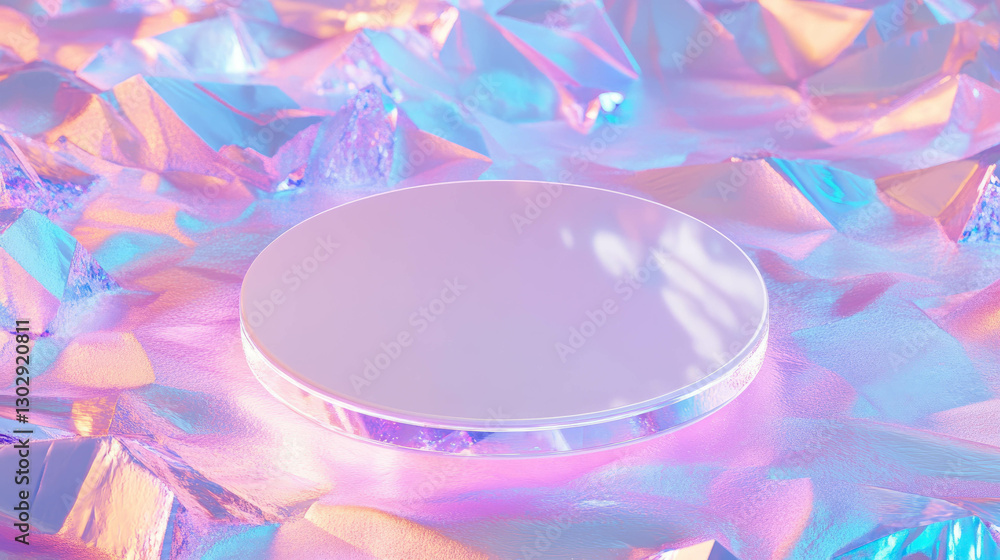 Poster Futuristic white circular podium on iridescent background for product display and design