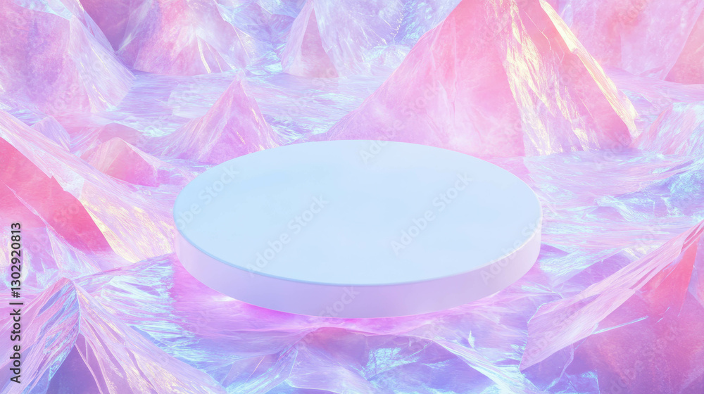Poster futuristic abstract design with white circular podium and iridescent background