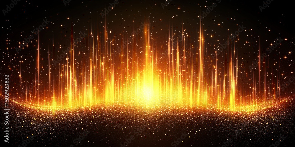 Poster dynamic golden light waves with sparkling particles representing sound and energy in a dark environm
