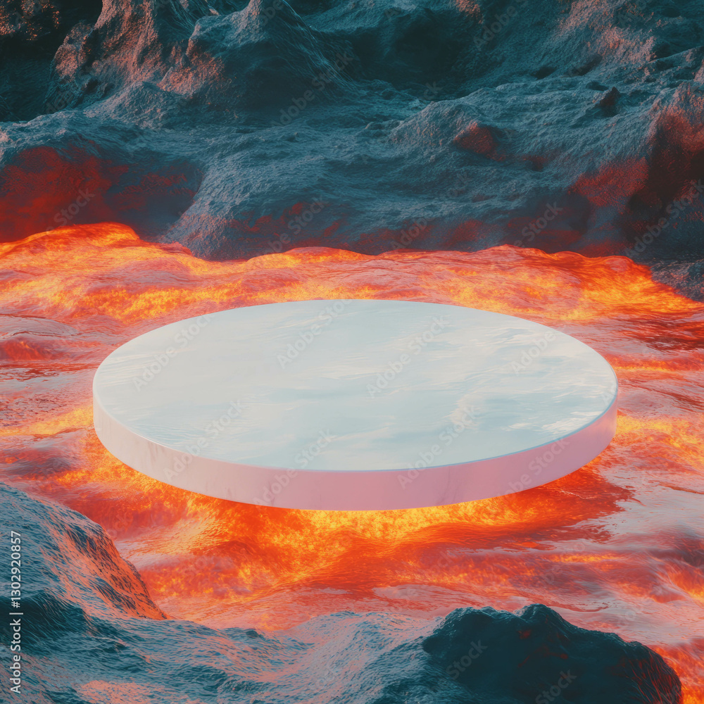 Poster futuristic white podium floating over magma landscape - design for presentation or display