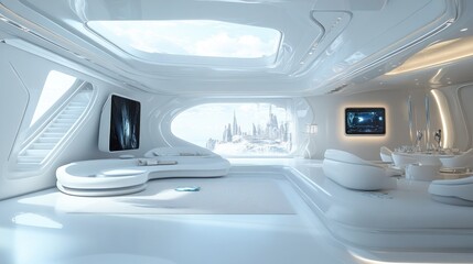 Fototapeta premium Futuristic White Living Room with Panoramic City View