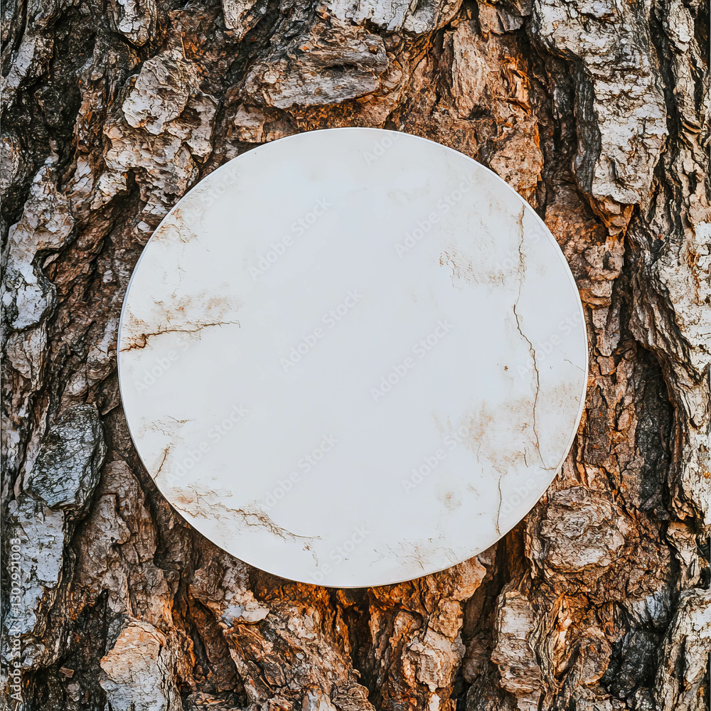 Aufkleber Overhead view of white circular podium on textured tree bark surface