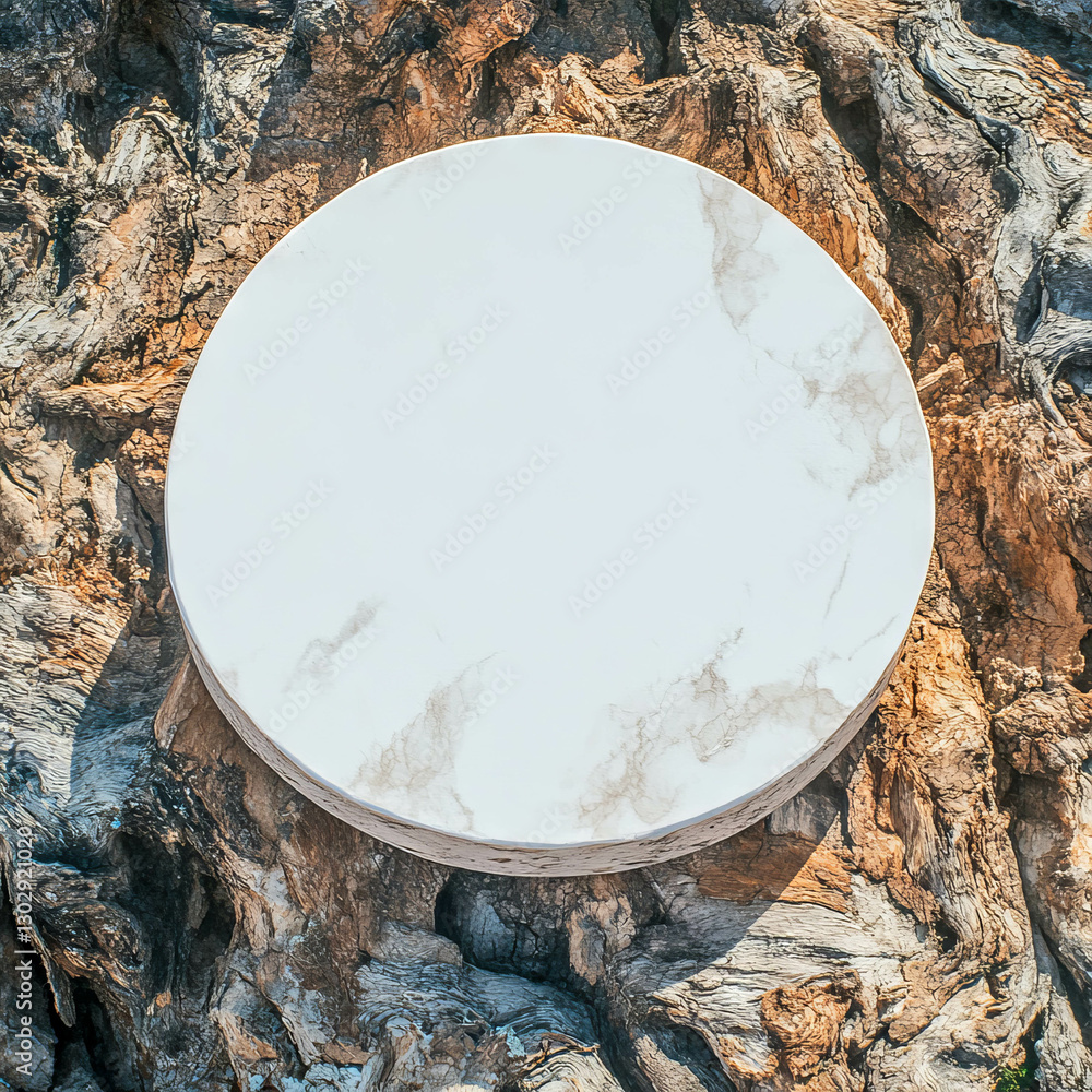 Poster White circular podium on textured tree bark background for design concepts