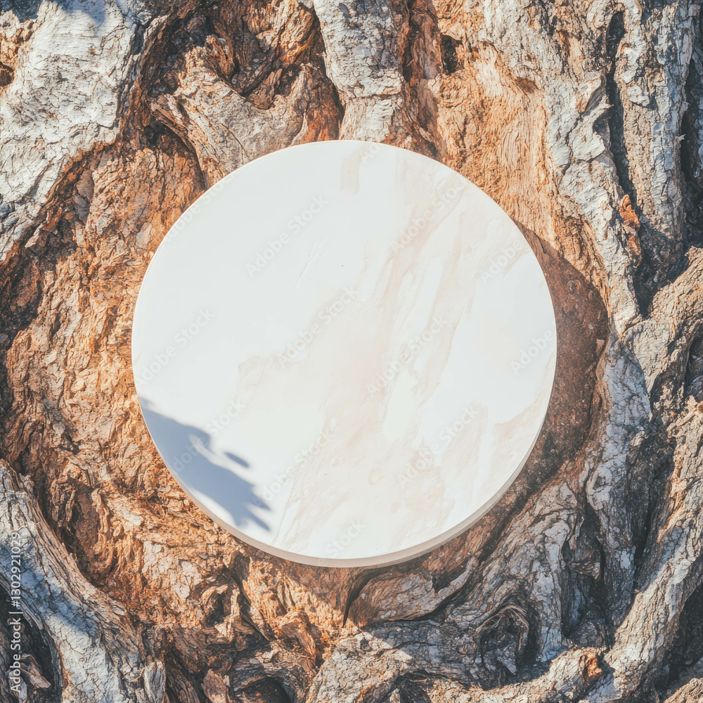 Poster minimalist white circular podium on natural tree bark surface, perfect for product display and desig