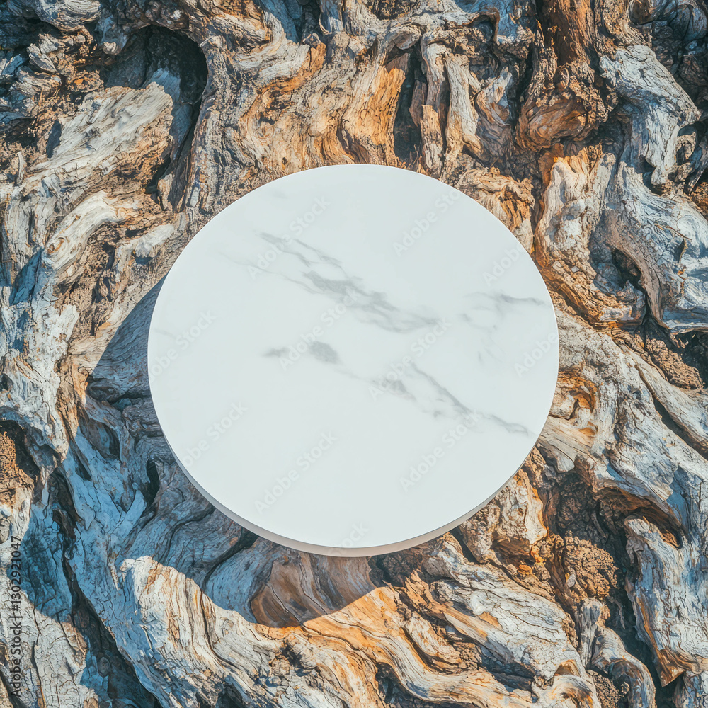 Poster elegant white circular podium on textured wooden surface for product display and design