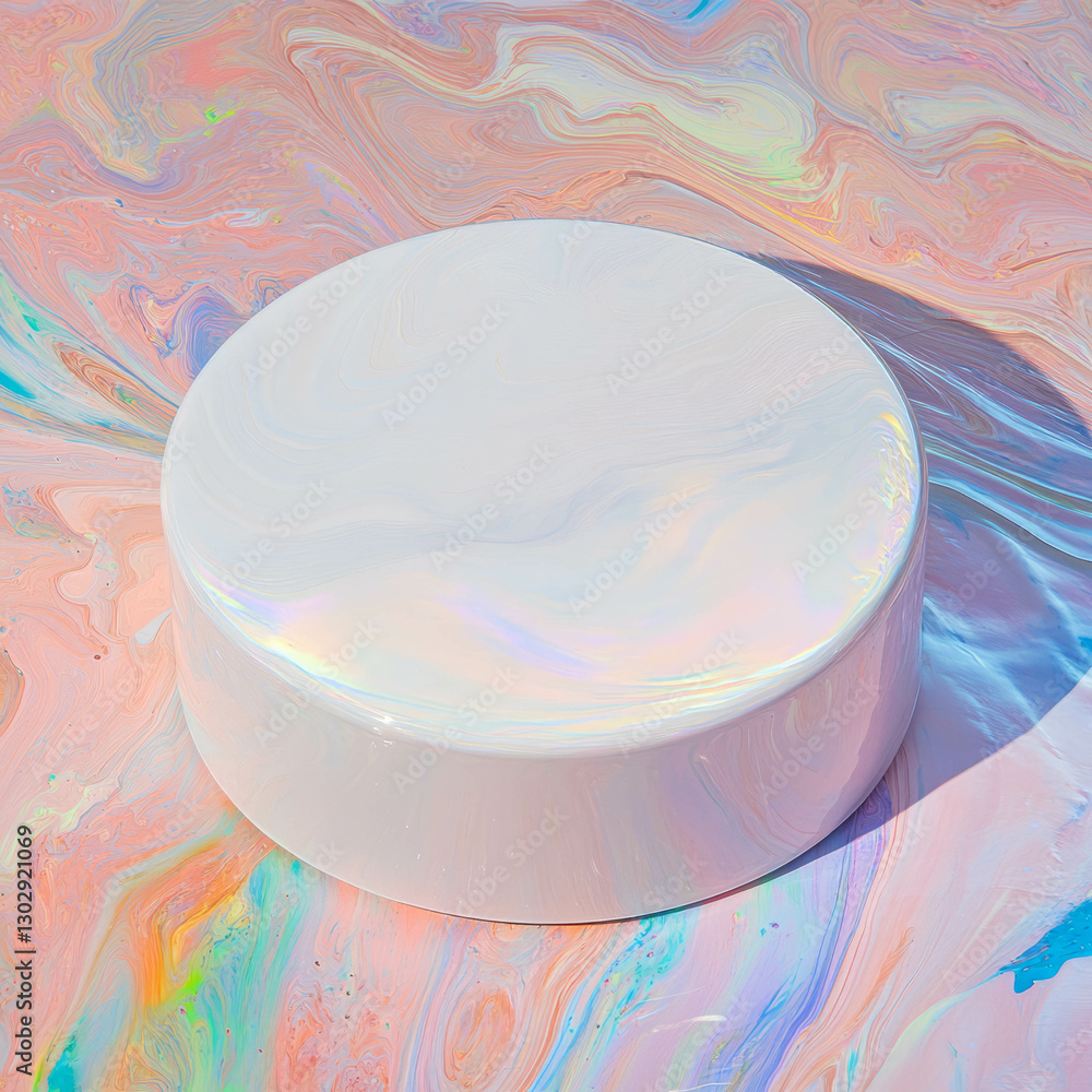 Poster abstract art: white circular podium on colorful marbled background for creative design