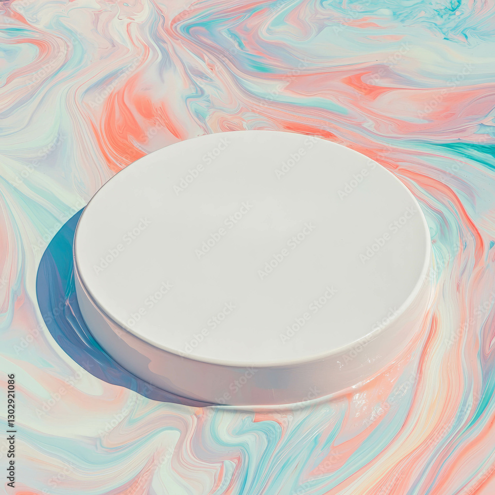 Poster minimalist white circular podium on colorful marble background for design and presentation