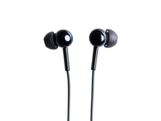 Pair of black wired earphones isolated on black background