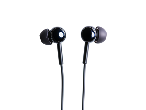 Pair of black wired earphones isolated on black background