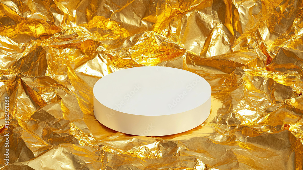 Poster minimalist white circular podium on luxurious gold foil background for display design