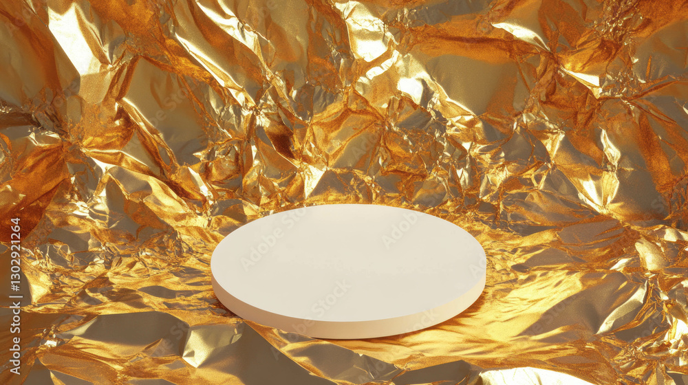 Poster luxurious display with white circular podium on gold foil background for elegant presentations