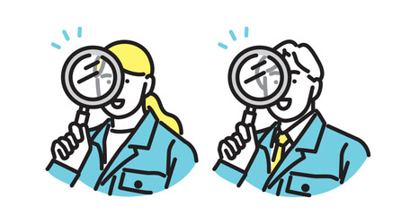 シンプル　イラスト　虫メガネを覗く笑顔の作業服の男女