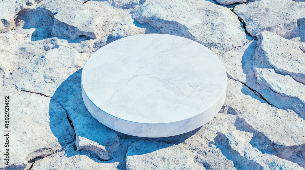 Poster minimalist white circular podium on cracked earth surface for design and display concepts
