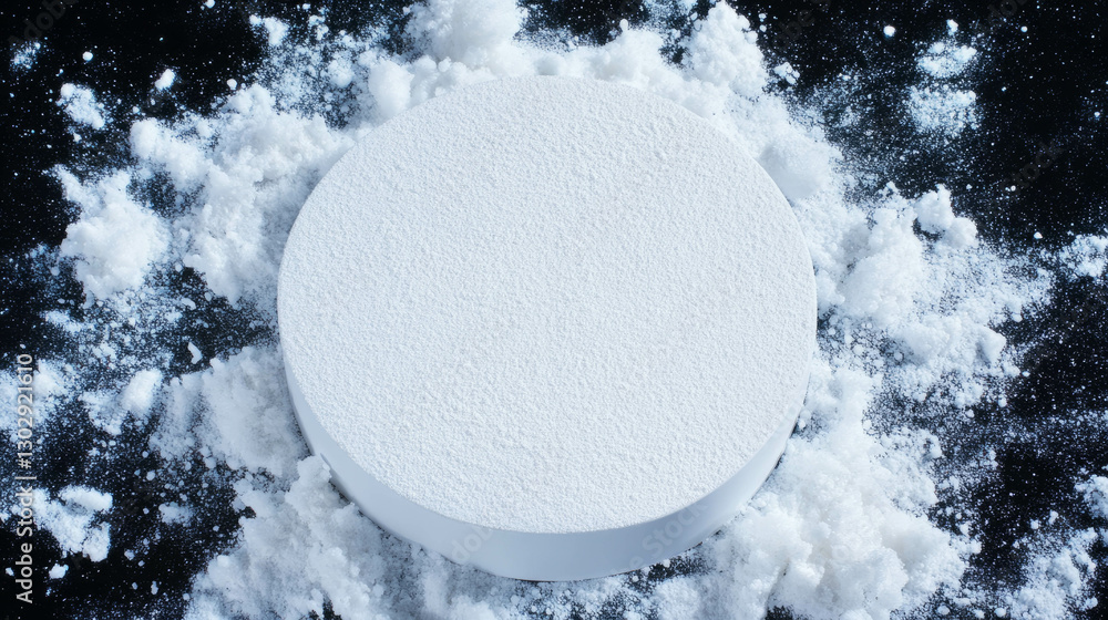 Poster minimalist white circular podium surrounded by snow textured background for product display