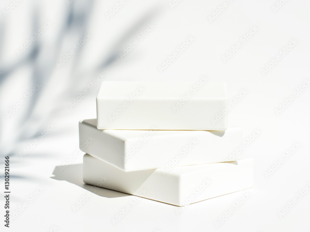 Poster three stacked white rectangular blocks on a white surface